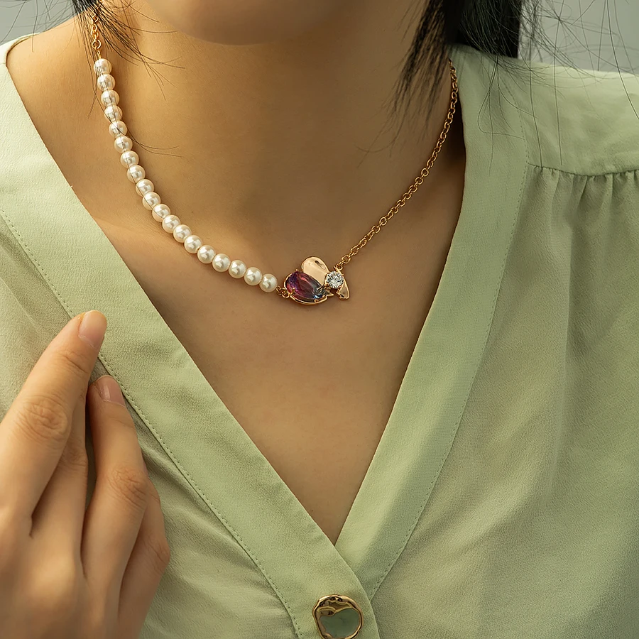 X000463460 Xuping jewelry pearl african custom ladies gold jewelry Spliced pearl chain heart pendant necklace