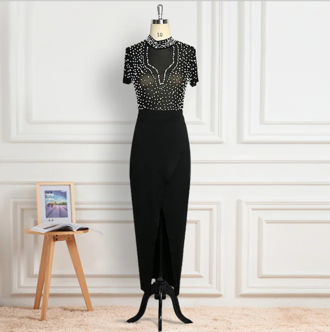 H & D Women Fashion Sexy Dress Open Hairpin Round Neck Tulle Beaded Short Sleeve Women Evening Party Dress