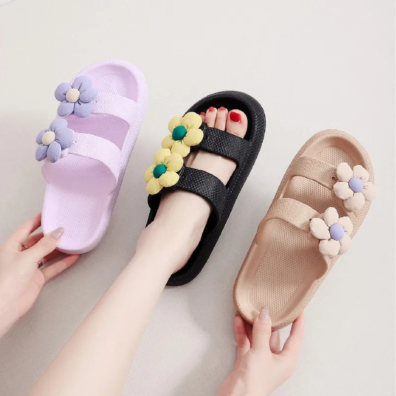 New double row flower slippers wholesale slippers home indoor thick sole soft bath indoor open toe flip-flops