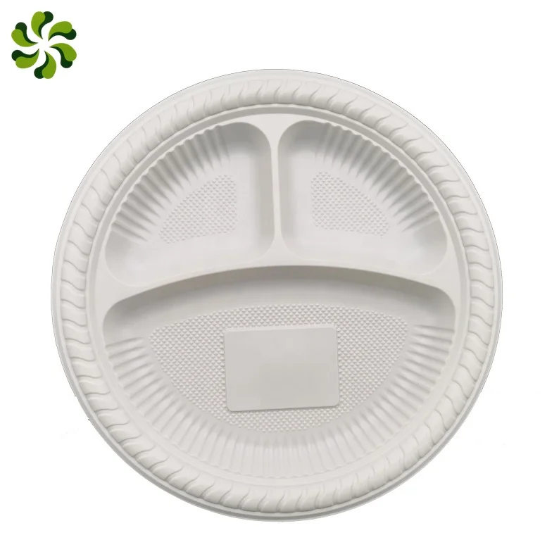 
9 Inches Disposable Plate Biodegradable Corn Starch Plate Dishes with Three Compartments 