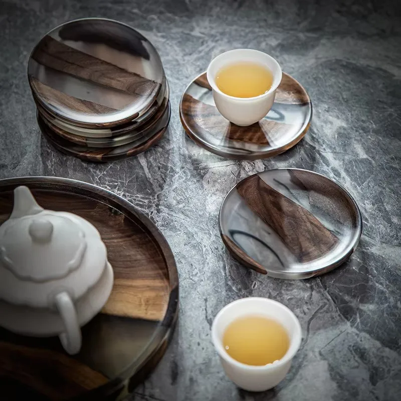 Creative Tea Coaster Tea Coffee Cup Pad Placemats Decor Resin Walnut Wood Pure Natural Heat Resistant Square Circle Drink Mat