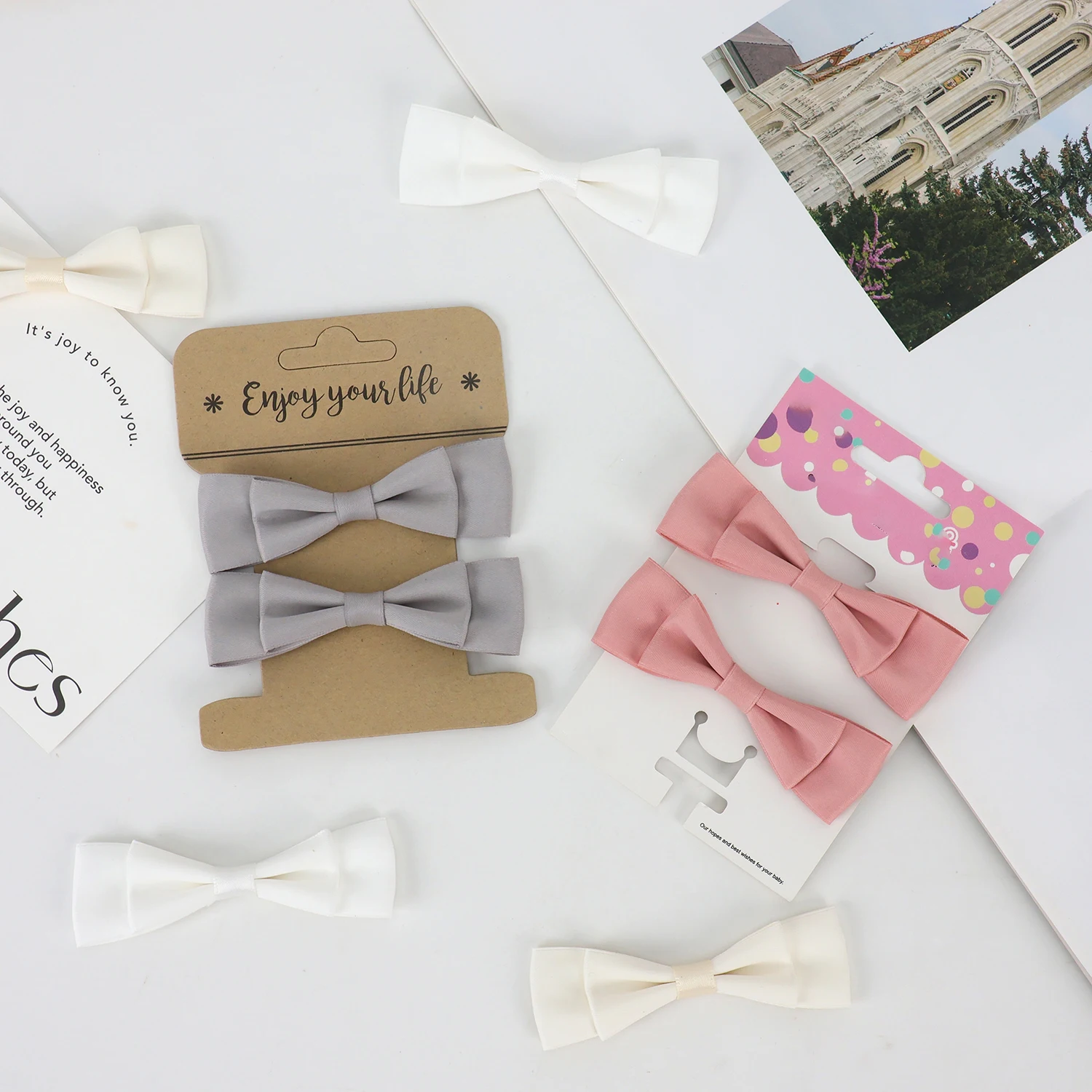 Custom Size Pre Tie Self Adhesive Fashion Sweet Three-dimensional Hand Made Bow Clip Hairpin Accessories Polyester Ribbon Bow