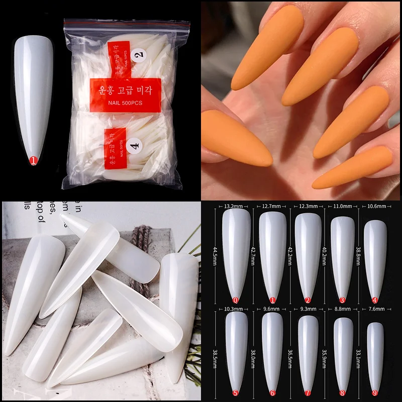 500pcs Nail Tips ABS Transparent Natural Color Sharp Half Cover Long Pointed False Nails Woman Fingernails manicure Tips