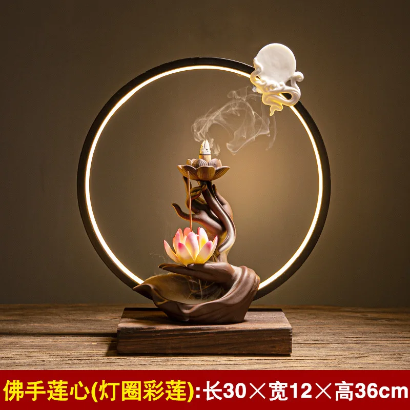 Ywbeyond Home Office Ornaments LED Lamp Ceramic backflow incense burner Zen buddha hand lotus censer waterfall holder
