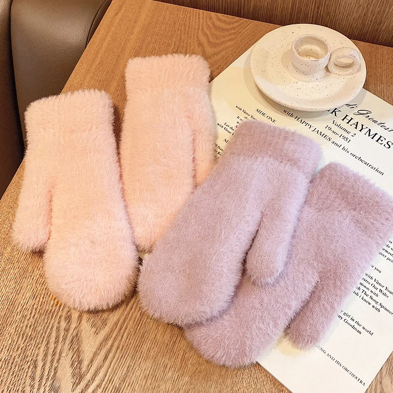 Women Cute Solid Color Mink Cashmere Mittens Winter Outdoor Cycling Hamd Gloves
