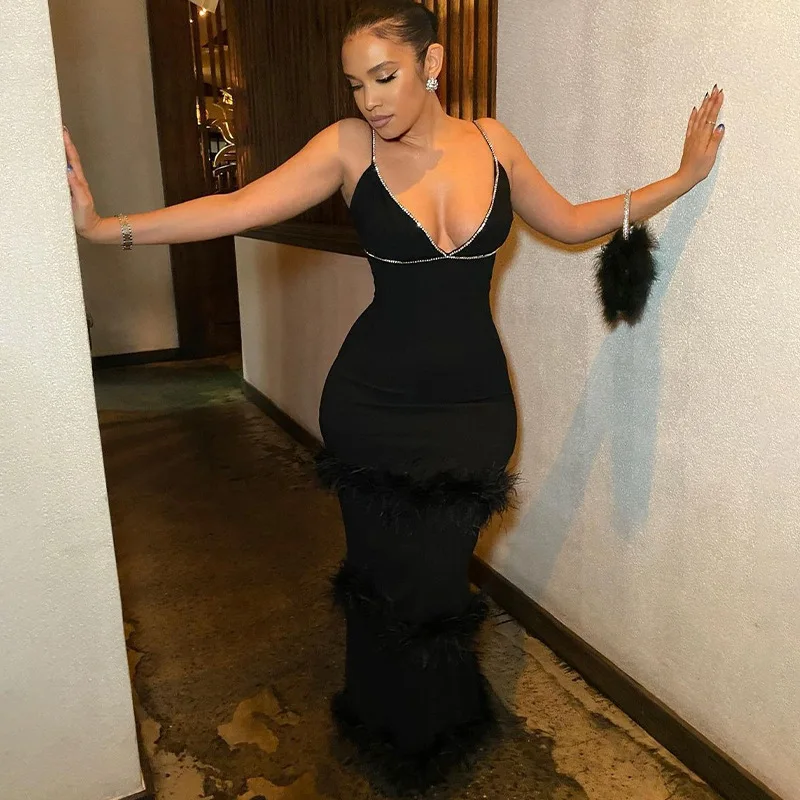 2024 New C1107DS01 Maxi Outfits Women Fall Clothes Slip Dress With Fur Ladies Dress Formal Party Rhinestone Dresses Women