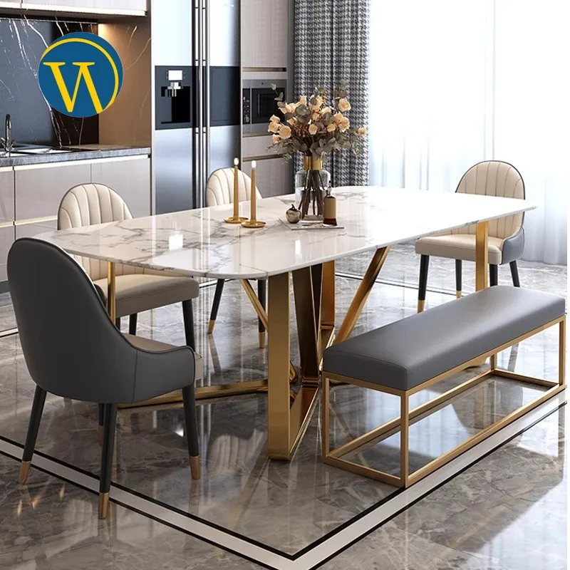 Chairs Set Rectangular Marble Modern Wholesale Home Top Golden Base Dining Tables and 6 Home Furniture Contemporary 5pcs D9162