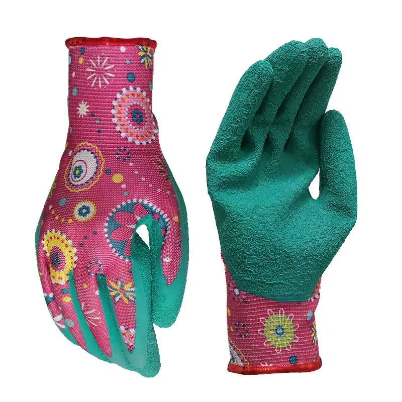 Custom puncture resistant printing flower women gardening gloves protective tool crinkle latex garden gloves