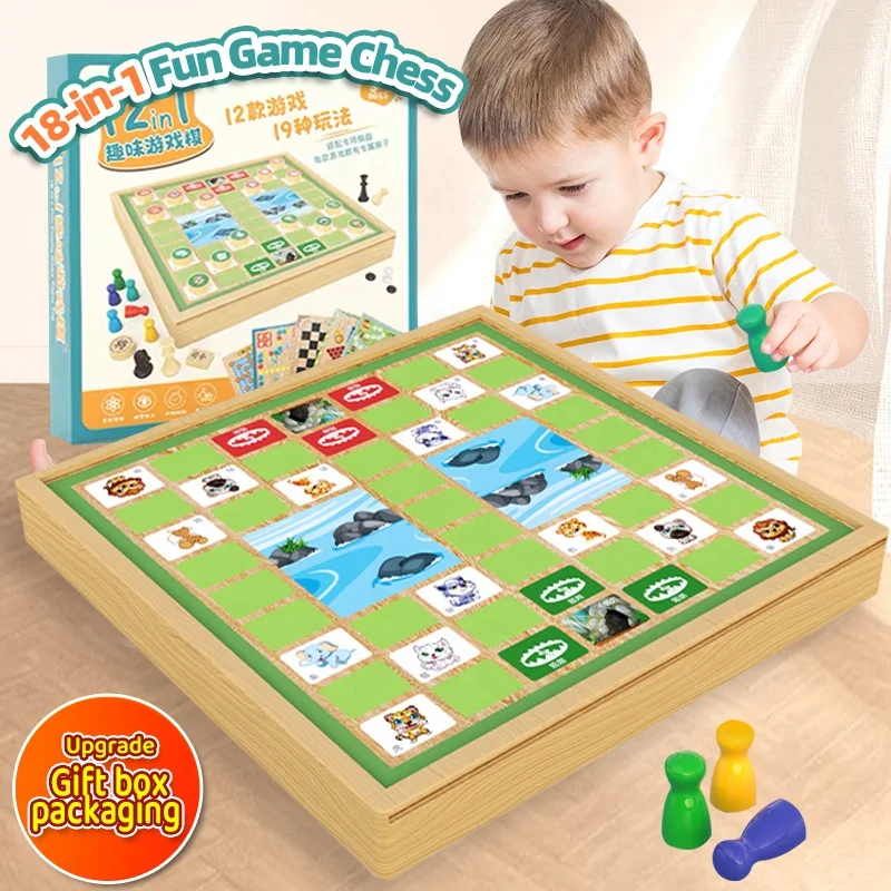 kids 12 In 1 Wooden Chess Checkers Board Game Classic Chinese chess flying chess board game set Party educational toys
