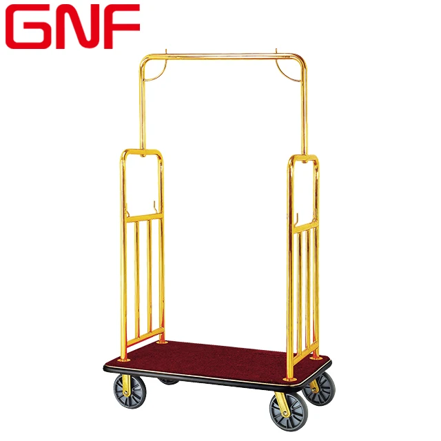 GNF Hotel stainless steel Luggage Trolley golden baggage hand trolley cart with red carpet made in china