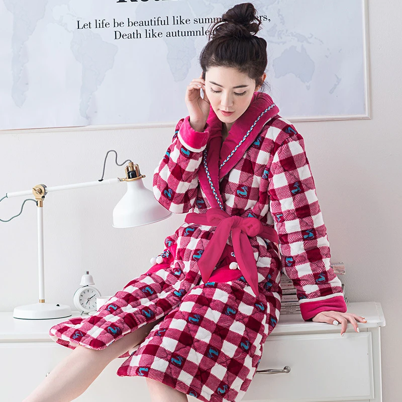 
fluffy thick microfibre flannel velvet bathrobe sleep robes for lady shawl collar bathrobe coral fleece bath robe 