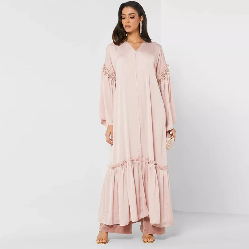 Puff SleeveLelaki Piyama Kurta Hot Sell Eid Turkey Solid Color Simple Islamic Clothing Women Abaya Muslim Dress