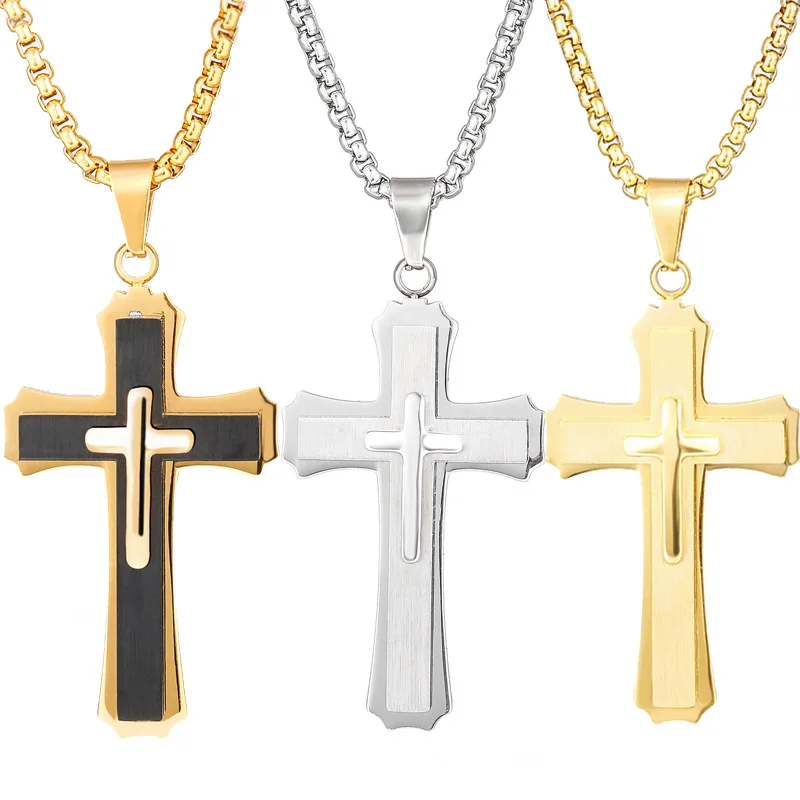Big Titanium Steel Cross Pendant Necklace for Men Teen Boys Jewelry Three Layers Jesus Cross Crucifix Necklaces with Box Chain