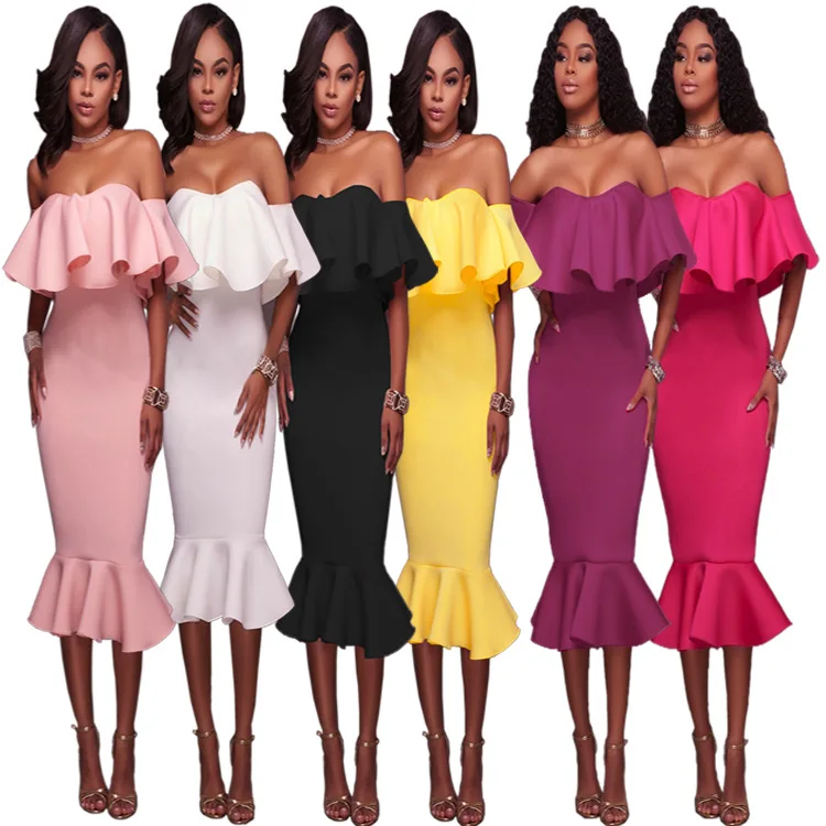 New Fashion Sexy Club Midi Dress Off-shoulder Casual Dress Ladies Peplum Ruffle Summer