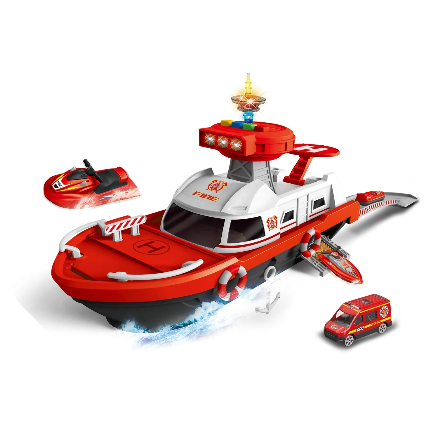 Sliding storage boat with light Deformation Ship Parking Lot Play Set with motorboat and die cast car