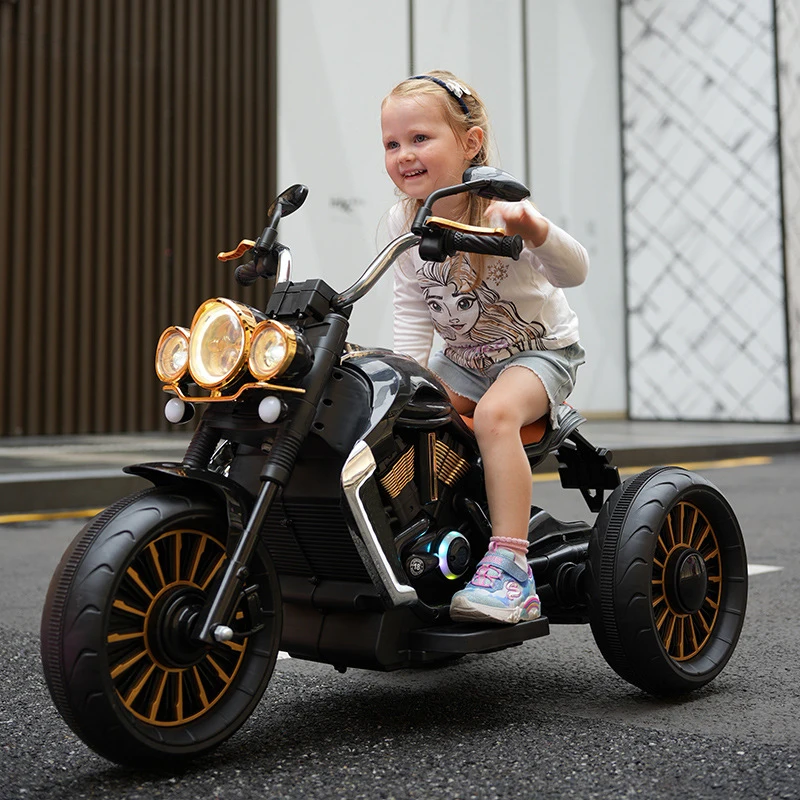 Customizable boys and girls can ride on a large Harley electric scooter that has three wheels and can be filled