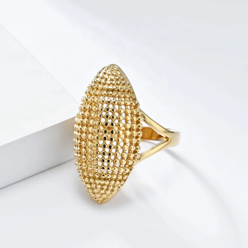 Sport Stylish Exaggerated Rugby Stainless Steel Plated 18k Gold Spindle Type Finger Ring Hollow Out Beaded Ring For Women Men