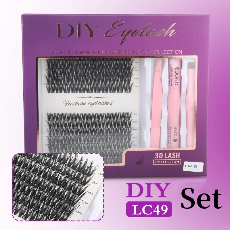 Heart Girl DIY Lashes Set Cluster Eyelash+Tweezers+Remover+Bond&Seal Purple Box Custom Private Logo