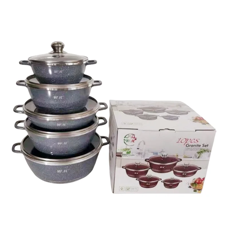 Modern 10pcs Cocotte Aluminum Cookware Set Granite Cooking Pots Marble Non-Stick Gas Bottom Sustainable Glass Lid Shallow Pot