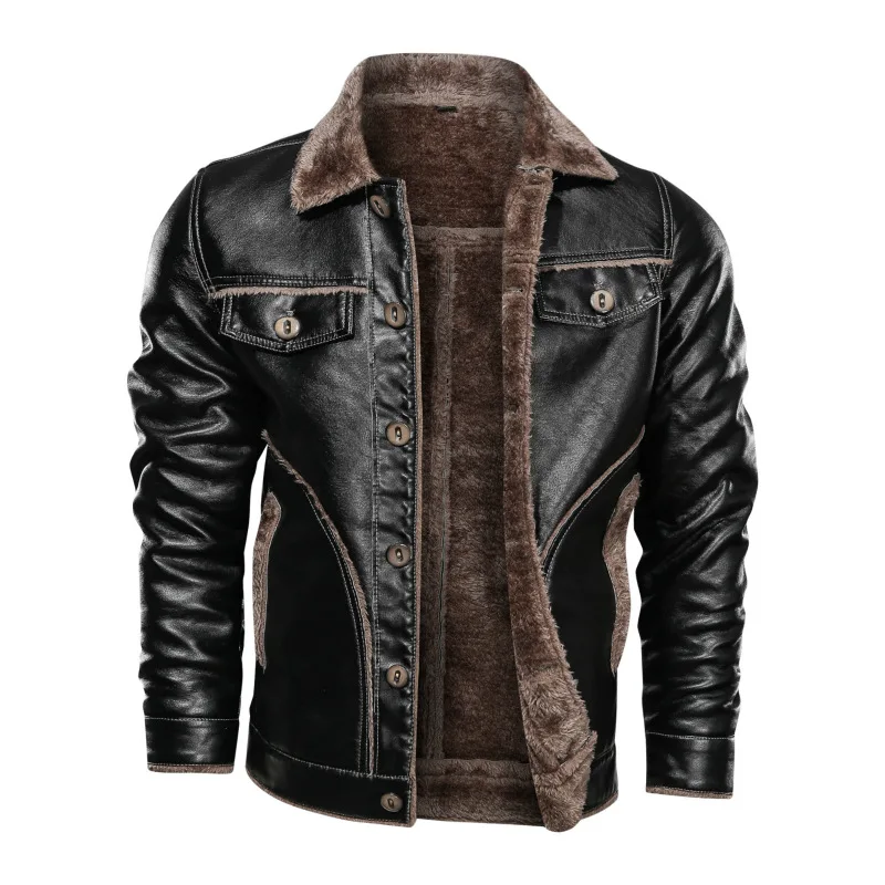 New Arrivals Faux Fur Men Winter Thickening Warm Turn Down Collar Black Brown Motorcycle Leather Jackets
