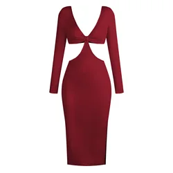 Fashion sexy V-neck long sleeve waist and backless dress tight