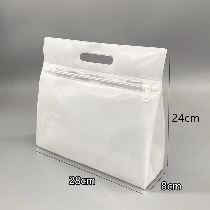 Recyclable custom logo pvc ziplock bag cosmetics travel storage pouch bottom gusset stand up zipper bag with handle
