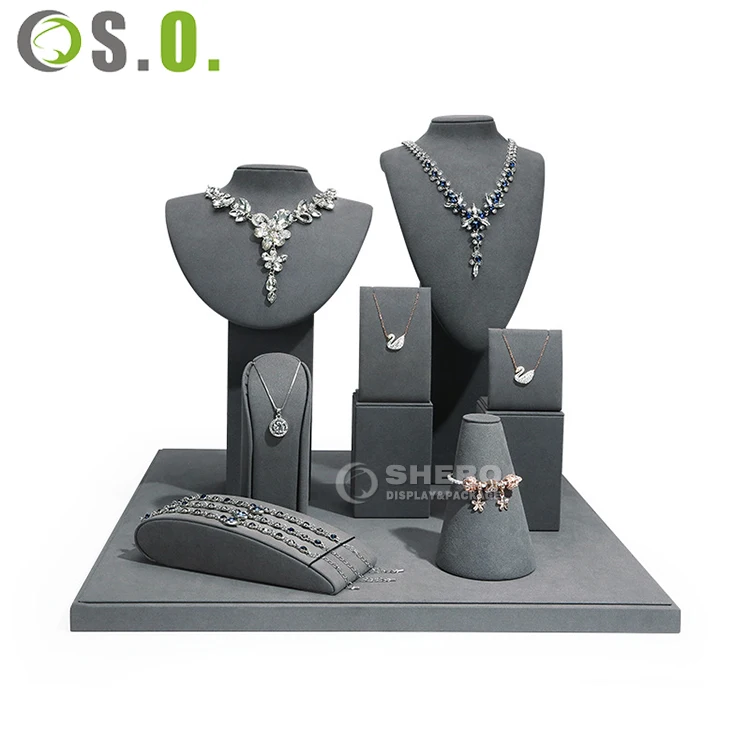 jewellery display stand customized logo metal showcase microfiber stand necklace set wooden jewelry display