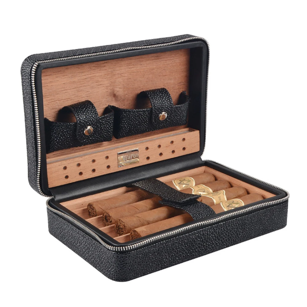 Portable Travel PU Leather Cigar Case with cutter, lighter and tray