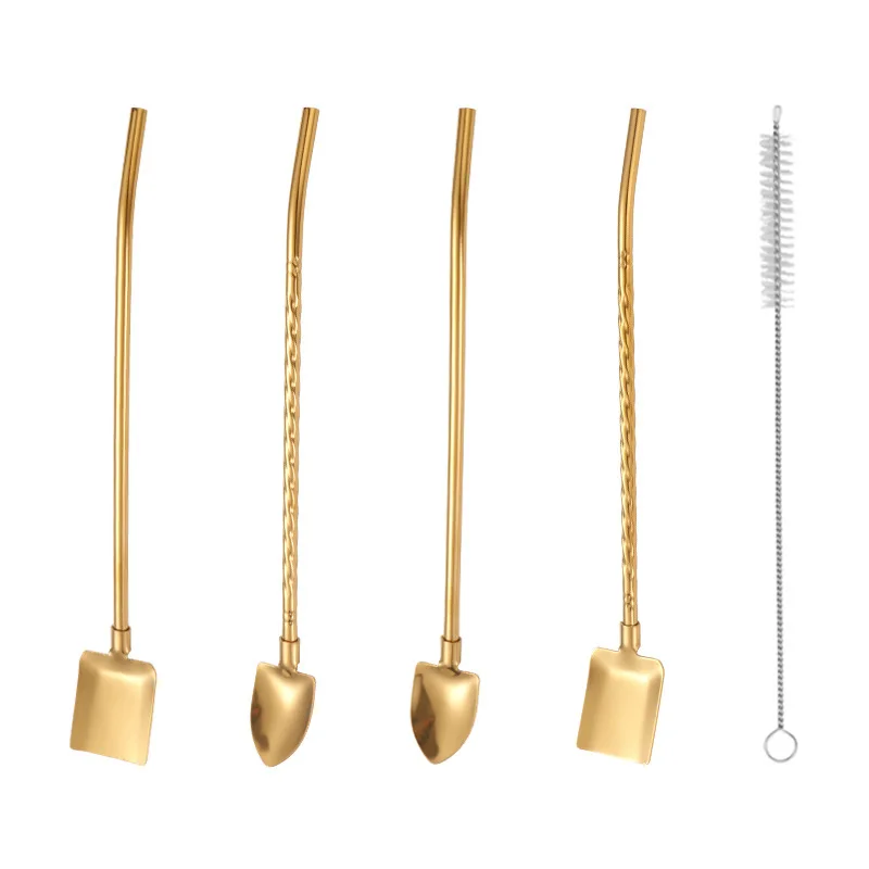 304 stainless steel straw spoon New creative straw spade dual-purpose coffee stirring spoon Threaded straw spoon