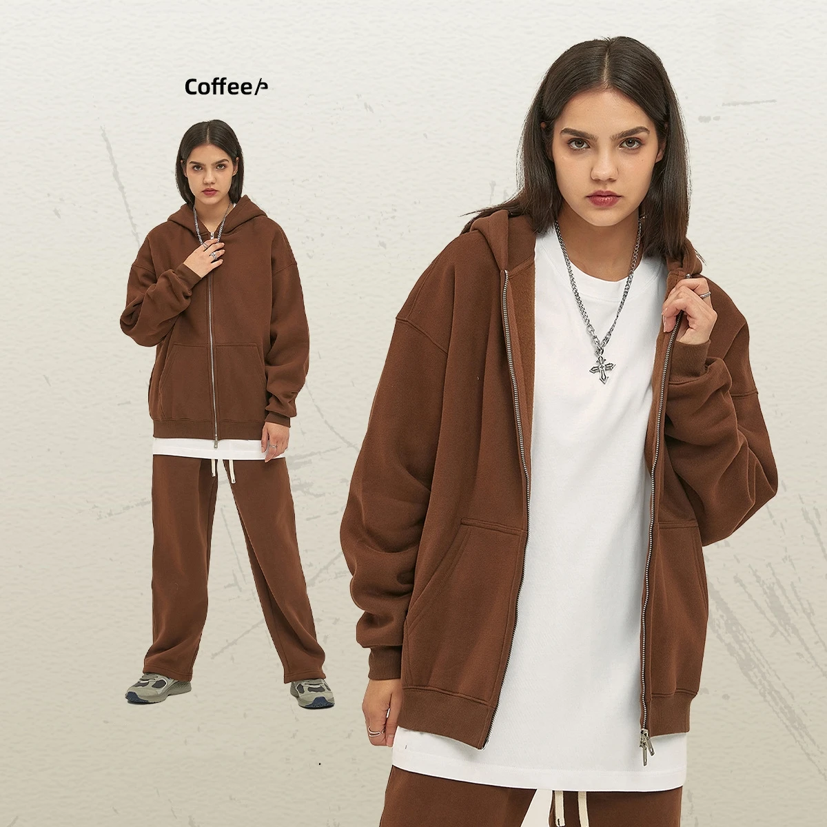 New product with fleece thickening 350g fashion zipper men custom logo heavyweight sweatshirt pants set