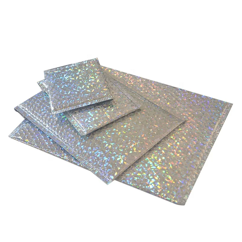 
Glamour Hologram Custom Holographic Metallic Rainbow Parcel Plastic Bubble Bags For Cosmetic Book Clothing Mobile Phone 
