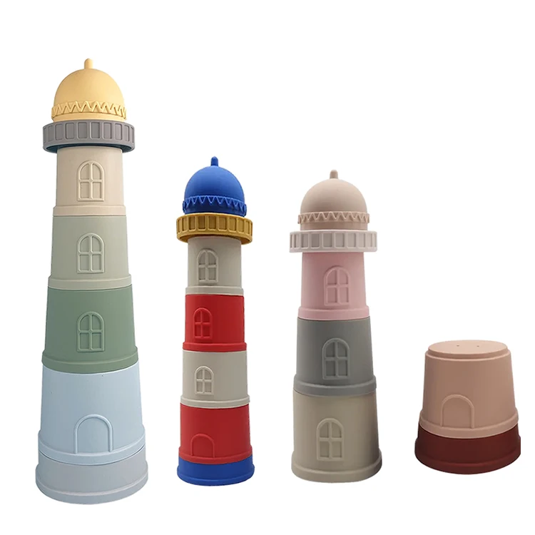 Beacon Shape Food Grade Stacking Cups Set Babi Toy Toy Puzzle Stacker Building Blocks Silicone Baby Stacking Toy