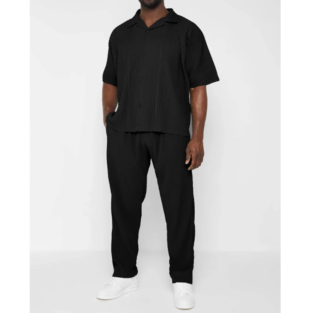 casual quick dry men loose fit lightweight elastic waistband nylon zipper pocket black pleated trousers pants