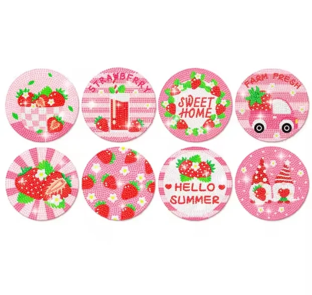 Strawberry Fruit Party DIY Diamond Round 8 Piece Acrylic Art Painting Coaster Set with Fruit Party Supplies Stand