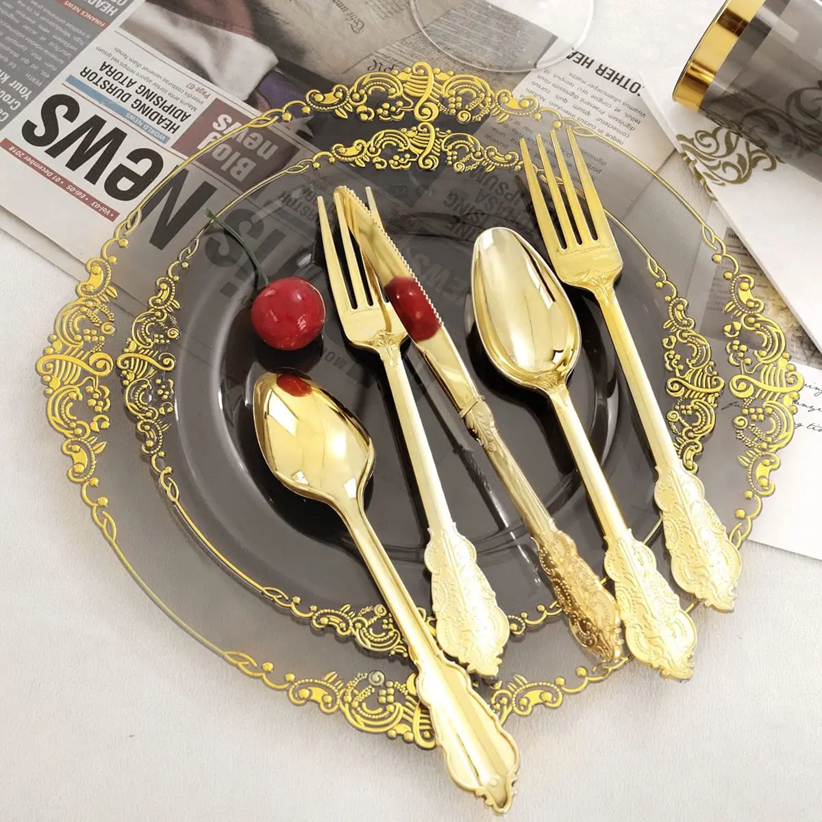 Tabletex Gold Rim Clear Superior Quality Disposable Plastic Square Dinnerware Sets