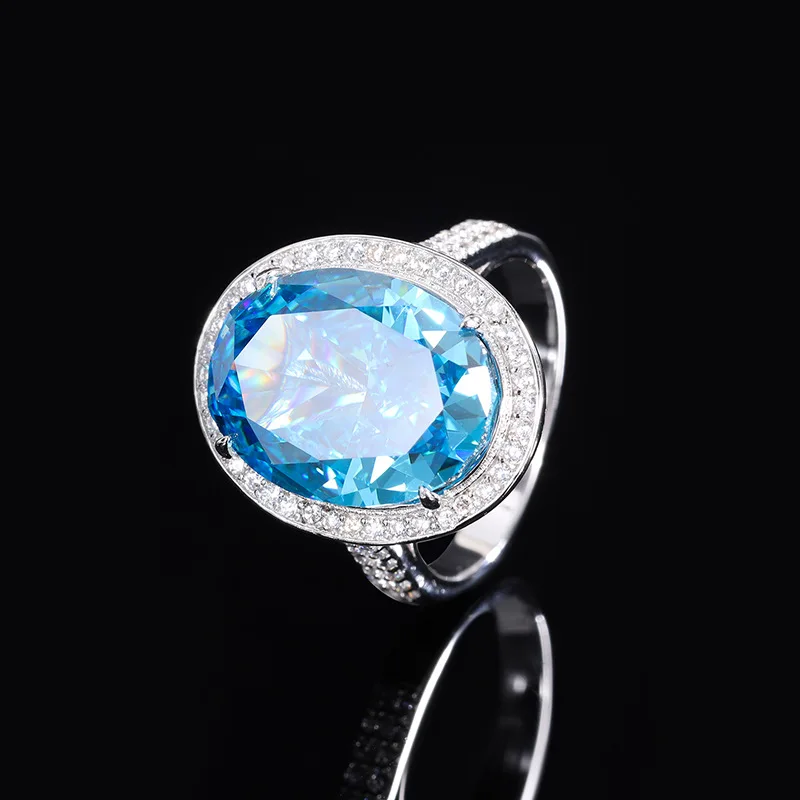 925 Silver 12*16mm Oval Sea Blue Synthetic Gemstone Pendant Necklace Rings Gemstone Lab Diamond Wedding Party Fine Jewelry Sets