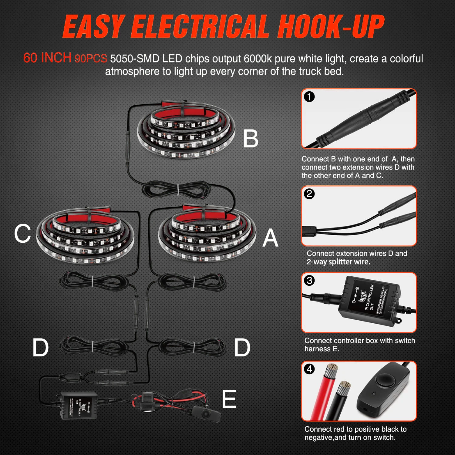 RGB LED Truck Bed Light Strip Kit Neon Accent Lights Splitter Extension Cable for Cargo Pickup Truck Camper RV SUV Boat