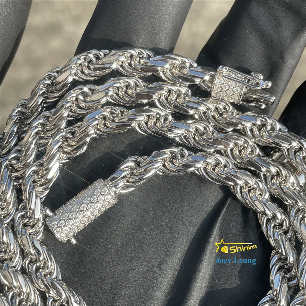 Ready To Ship Hip Hop Jewelry 6.0mm Rope Chain 18K Gold Plated VVS Moissanite Diamond Necklace 925 Sterling Silver Rope Chain