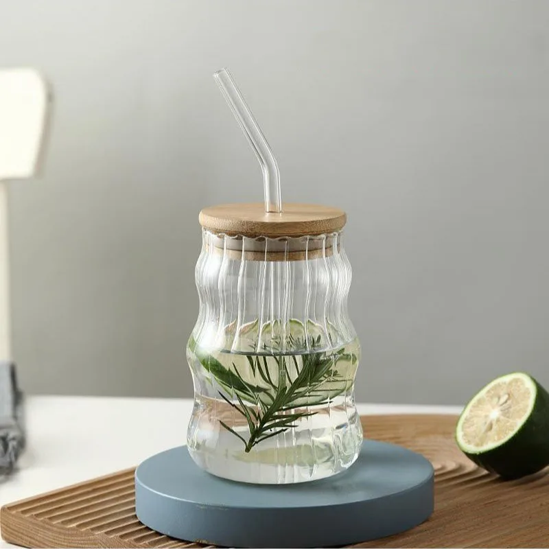 Hot Selling Glass Iced Coffee Cups Cute Irregular Ribbed Chubby Tumbler Latte Cup Beverage Glasses with Bamboo Lid and Straw