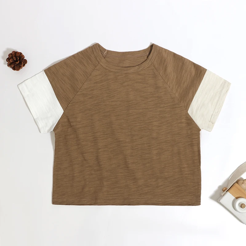 New Fashion Summer Children Clothes Organic Slub Cotton Short Sleeves Color Clashing Design Kids Tops Crew Neck Kids T-Shirt