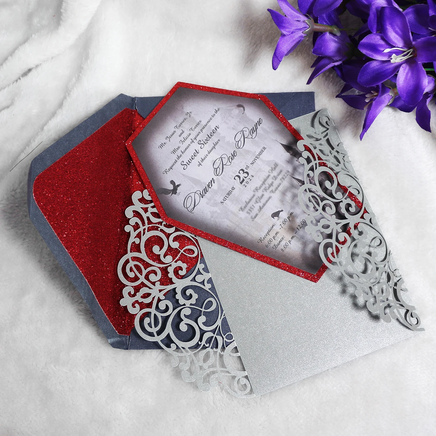 Glitter Laser Cutting Wedding Invitation Birthday Quinceanera Invitations Cards Red Shimmer Liner Envelope