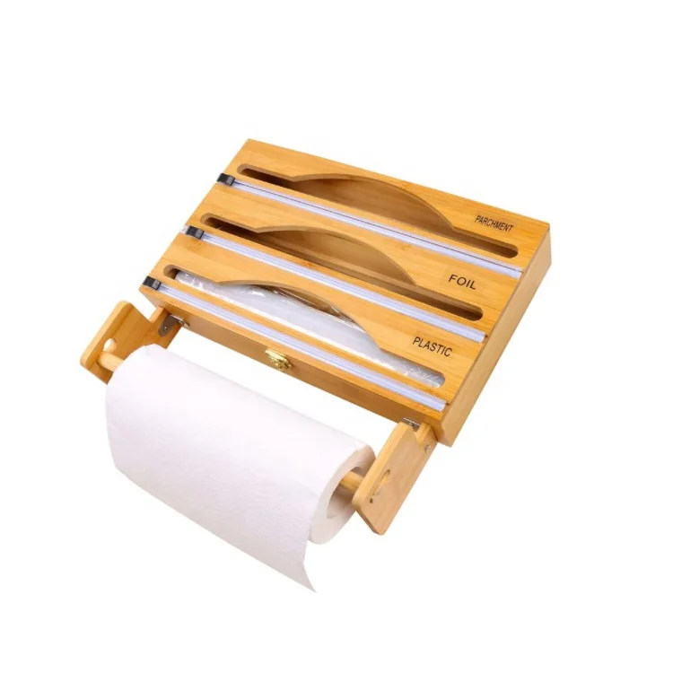 4 in 1 Wrap Dispenser with Cutter and Labels Wall-Mount Bamboo Roll Organizer Holder for Kitchen Drawer