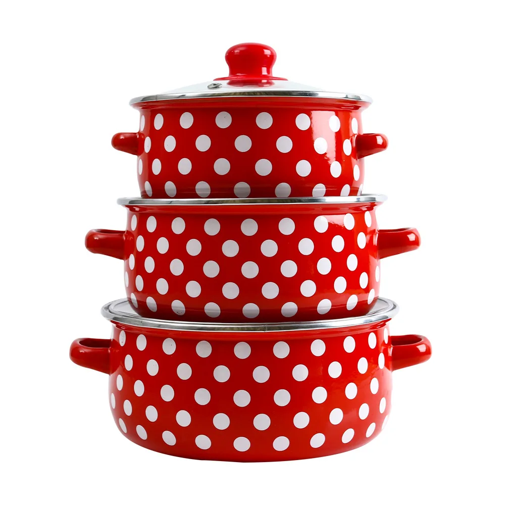 Enamel pot 3pcs set red with white dots soup pot for electric ceramic stove