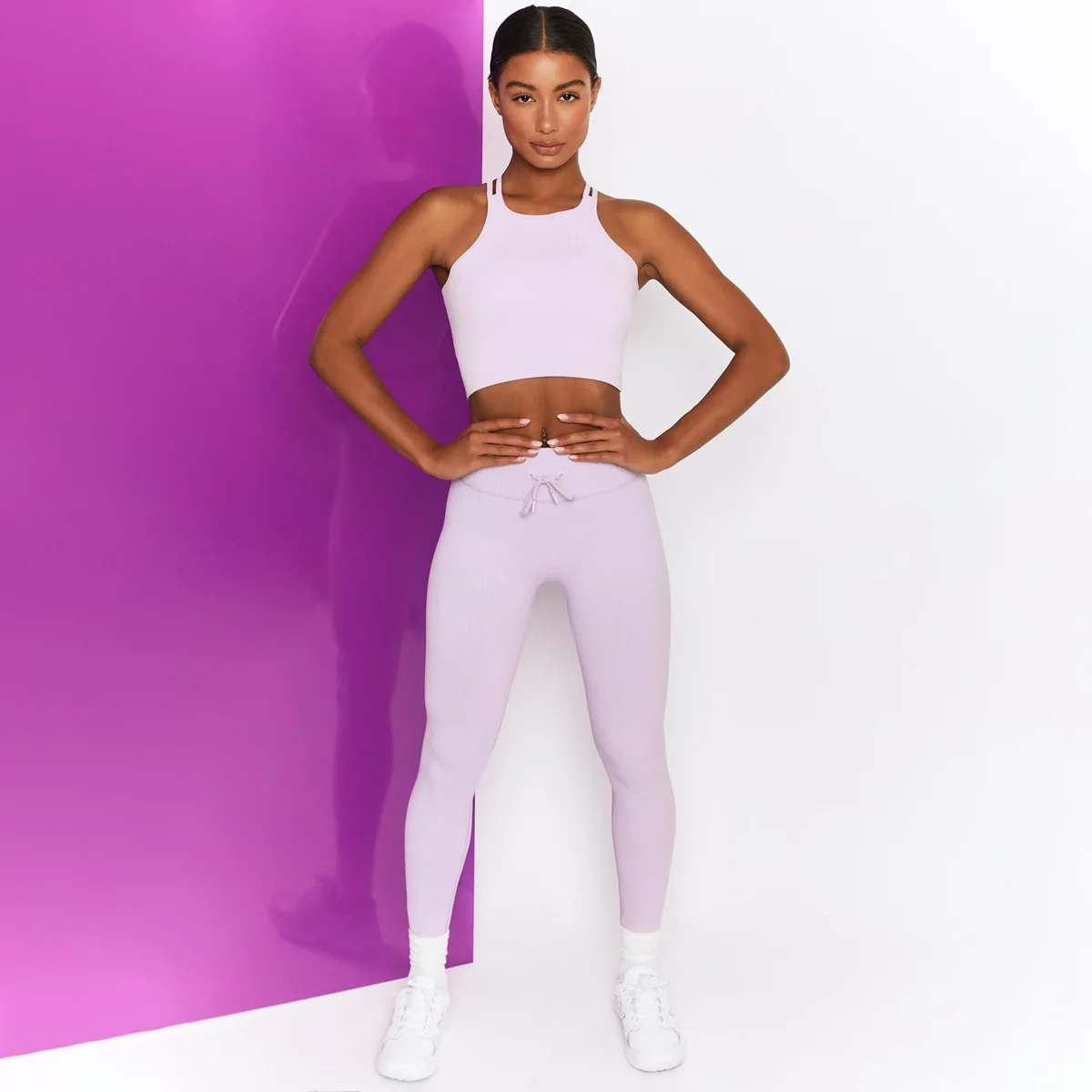 2021Casual solid color knit yoga wear set sexy shoulder strap bra tight pants workout wear