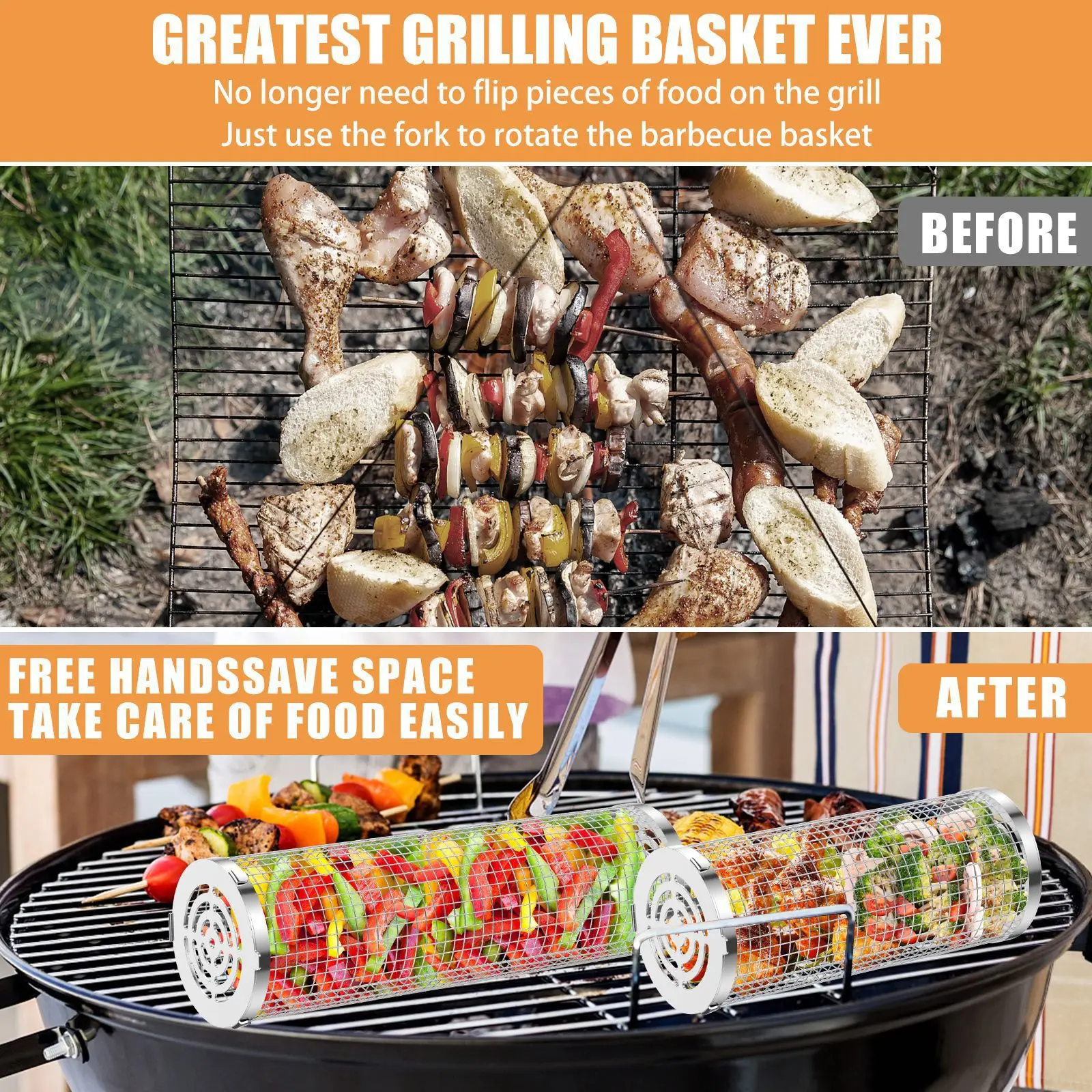 2023 Rolling Grilling Baskets Barbecue Grill Bbq Net Tube Stainless Steel Mesh Grilling Basket Cylinder for Outdoor