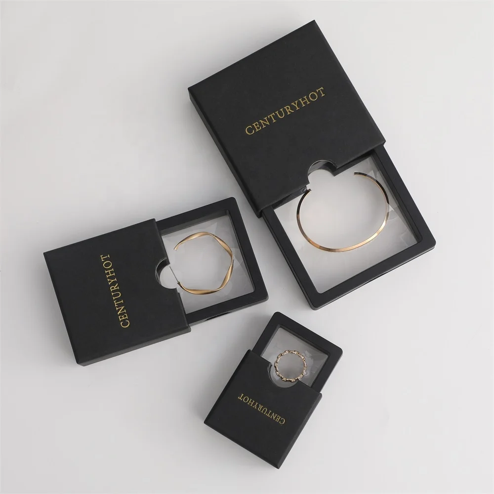 Custom logo 9.5*9.5cm Black Jewelry box Transparent PE Film Display Box   Bracelet Ring Earring Packing Box  With logo