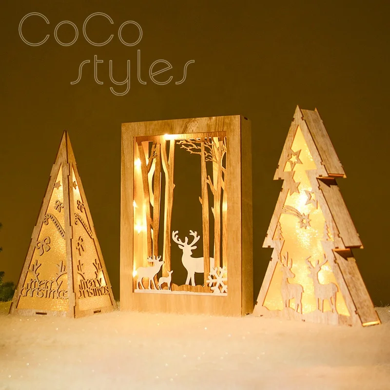 
Cocostyles bespoke delicate engraving reindeer wooden lamp box for gift Christmas tree ornament indoor Christmas decoration 2019 