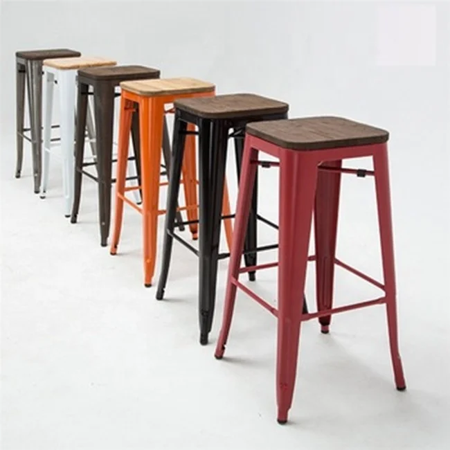 Wholesale cheap metal tolix  Bar stool wooden top  seat  Bistro Cafe bar stools