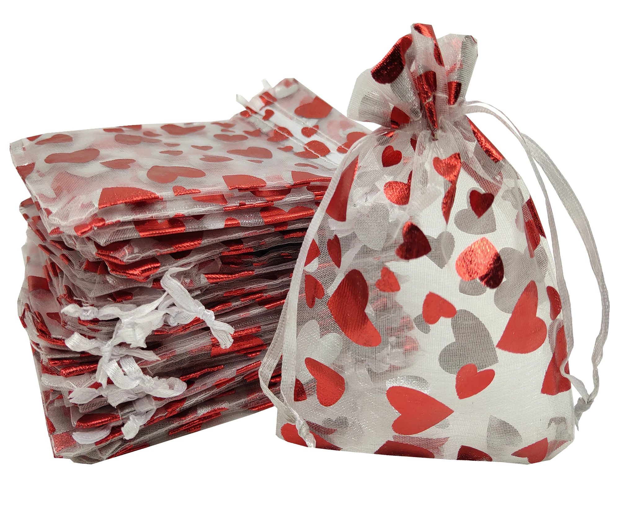 Guaranteed Quality Unique Red Heart Wholesale Large Clear Netting Transparent Gift Bags Organza with Heart Design