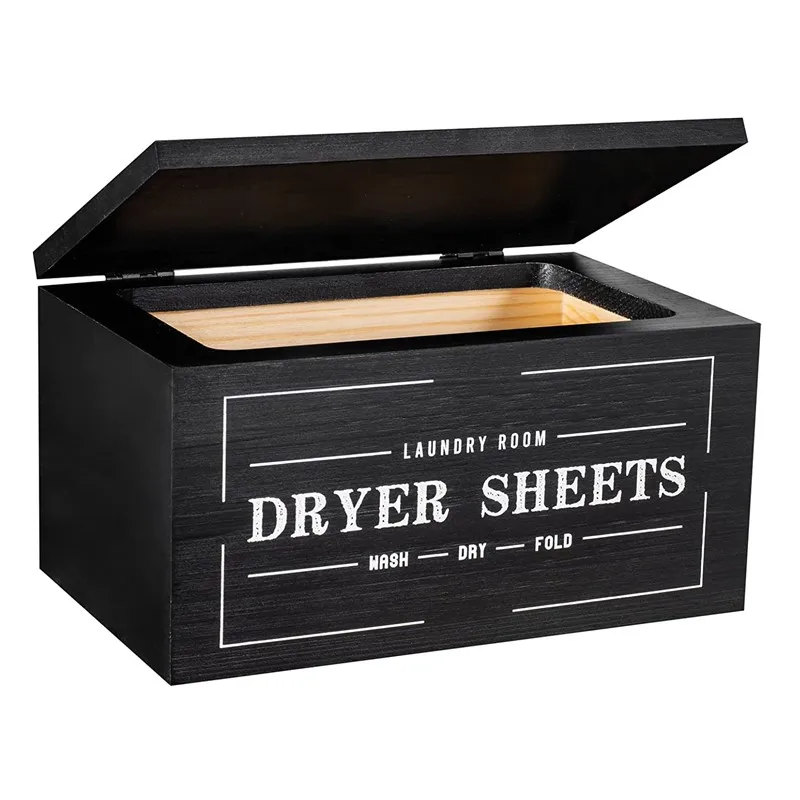 Wood Box Dryer Sheet Holder Dispenser with Hinged Lid Wooden Dryer Sheet Storage Box for Laundry Room Decor